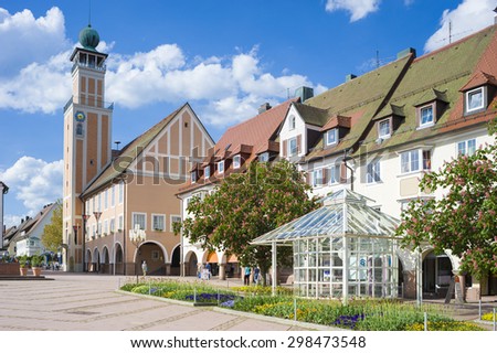 FREUDENSTADT, GERMANY - MAY 20, 2009: The historic Upper marketplace with the town hall in Freudenstadt in the Black Forest, Baden-Wurttemberg, Germany, Europe
