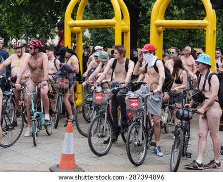 Cyclist taking part in WNBR London protest/World Naked Bike Ride/ Riders finished at Wellington Arch.