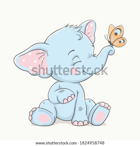 Cute baby elephant with butterfly, vector illustration.
