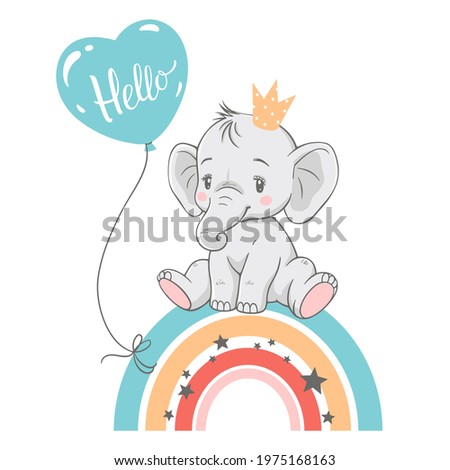 Vector illustration of a cute baby elephant with crown and balloon, sitting on the rainbow.