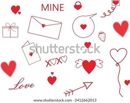 Valentine's day decorations set isolated on white background. Includes gift, envelope, greeting card, balloon, text bubble, multiple text, and love elements