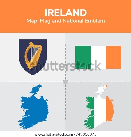 Ireland Map, Flag and National Emblem 