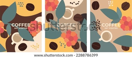 Coffee design poster set. Set of vector drawings, coffee tree and coffee grains. Design for poster, banner, card. Design elements.