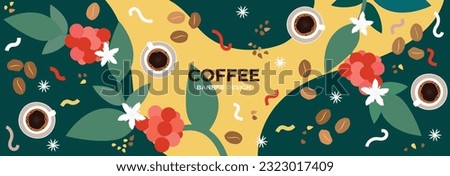 Coffee design banner template. Vector abstract colorful drawing of coffee tree, coffee cup and coffee beans with abstract elements.