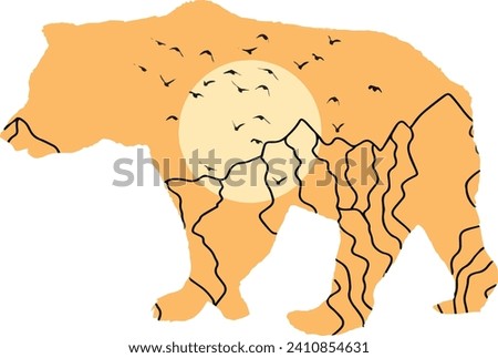 Vector drawing of a bear mountain sun bird. Sticker template. Vector file, double composition, design element.