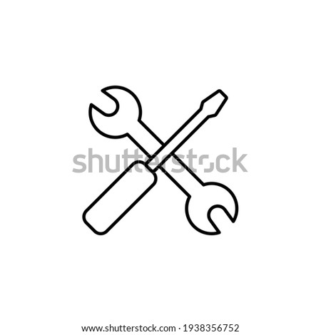 Wrench and screwdriver or tools thin line icon in black. Trendy flat style isolated symbol, can be used for: illustration, minimal, logo, mobile, app, emblem, design, web, site, ui, ux. Vector EPS 10