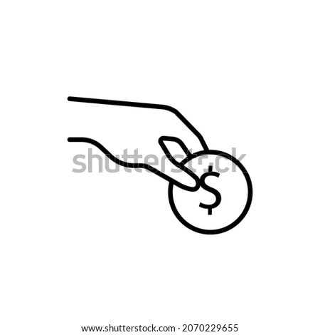 Transfer of money, donations icon in black. Coin cent in hand. Fall out. Cash back logotype. Donate or save concept. Flat isolated symbol for: logo, app, emblem, design, web, ui, ux. Vector EPS 10