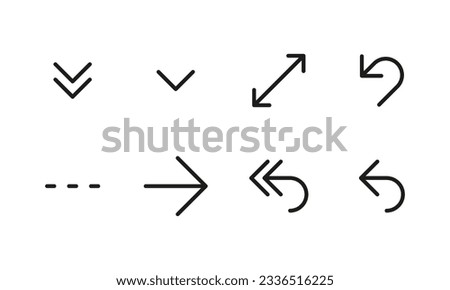 Arrows vector icons set black outline. Drop down menu, to the right, full screen, return, back twice concept sign. Flat isolated symbols for app, interface, web, ui, ux. EPS 10. Vector illustration
