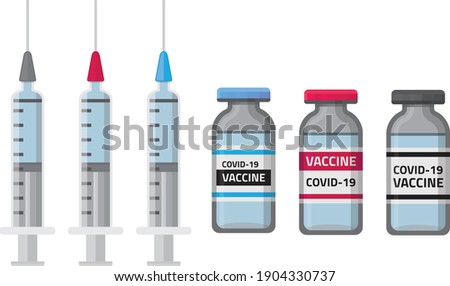 Syringe and vaccine vial set. Covid-19 vaccine treatment. Corona virus. Flat icon. Bottle and needle.