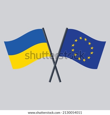 Ukraine and EU flag on stick crossed. The European Union vector icon flat design.