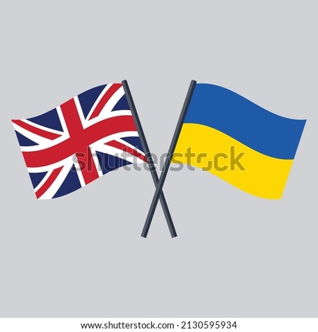 UK and Ukraine flag on stick crossed. United Kingdom vector icon flat design.