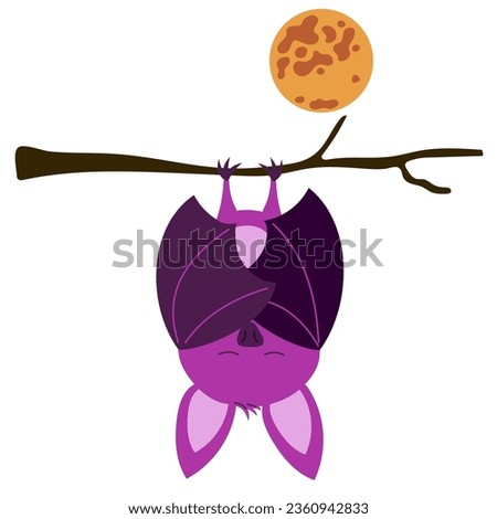 Happy Halloween sticker with Cute bat hanging upside down on a branch under the full moon. Vampire