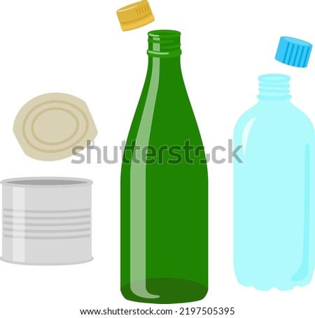 Empty cans, bottles, and plastic bottles with lids removed