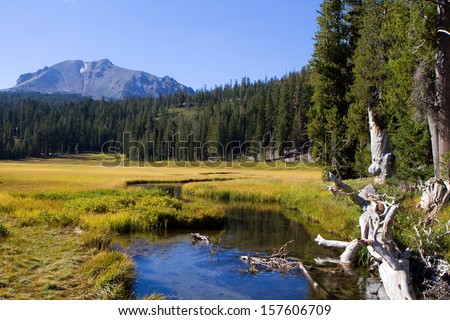 Kings Creek, a mountain stream flows through the meadow at Lassen Volcanic National Park in northeastern California. Lassen Peak in the distance is the largest plug dome volcano in the world.