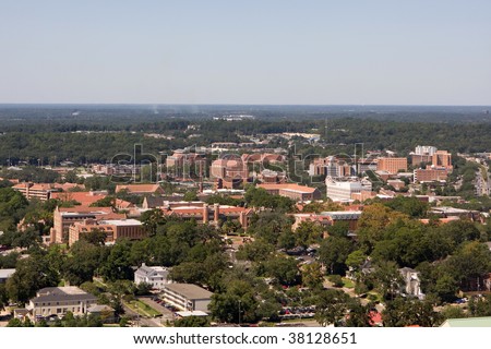 An aerial view of the campus of Florida State University looking west as seen from the 22nd floor of the Florida State Capital Building in Tallahassee.