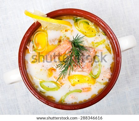 Creamy salmon soup (lohikeitto in Finnish, laxsoppa in Swedish) is a common dish in Finland and other Nordic countries.