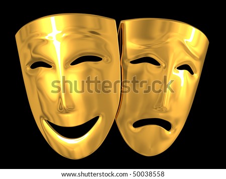 Gold theatrical masks of a comedy and tragedy