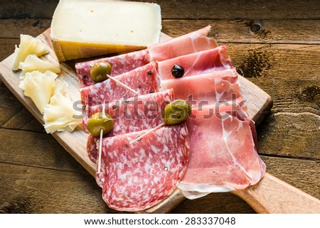Salami, ham and cheese platter with olives.