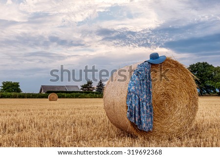 Women's dress and hat on a haystack in a field