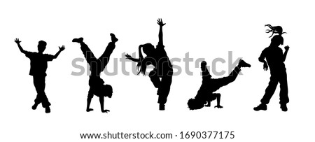 Children dancing street dance silhouette vector illustration. Hip hop, break dance, juzz funk, rap, freestyle