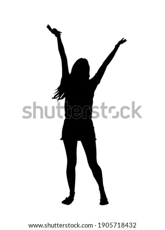 Beautiful girl standing with raised arms silhouette. Happy slim girl raised her hands up. Vector illustration isolated on white background.