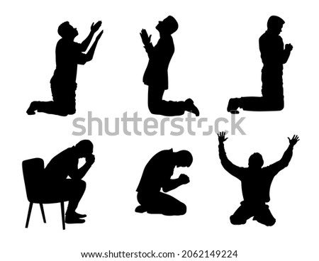 Man praying and praising God on knees silhouette set vector illustration Stockfoto © 