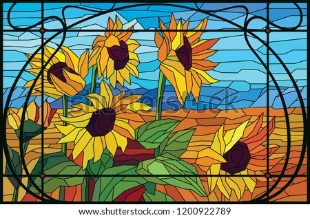 Stained-glass window with lattice modern sunflowers in the field. Vector graphics