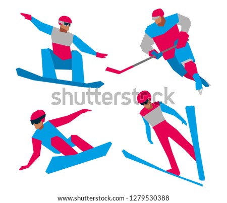 Set of winter sports figures. Magento blue sport uniform. Vector graphics