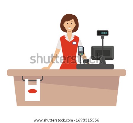Woman supermarket cash desk cashier. Vector flat illustration.