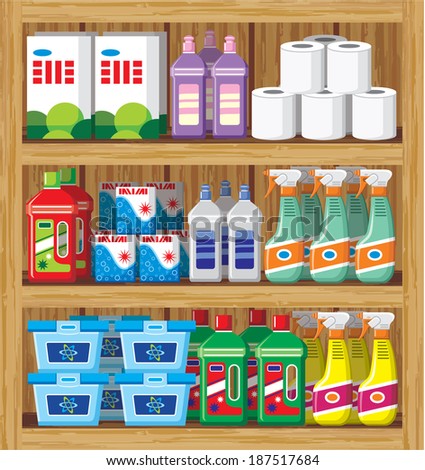 Shelfs with household chemicals. Raster illustration.