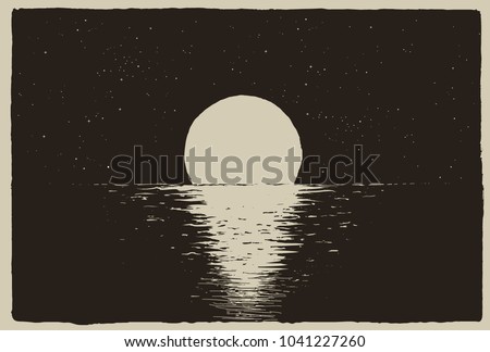 Sunset at the night sea on coast.Vector illustration