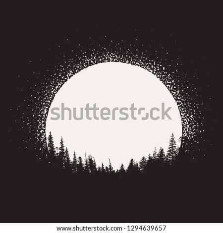 forest silhouette on moonrise background. Prints design. Vector image