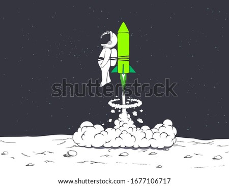 rocket launch with astronaut.Spaceman goes to space.Cosmonaut flies to conquer the universe.Vector illustration
