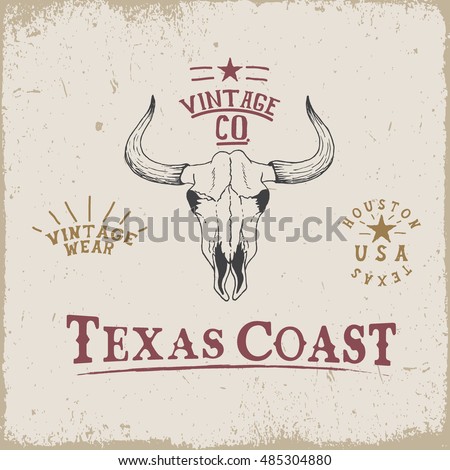 Western old label with skull of bull. Grunge style.Prints design for t-shirts or emblem and label