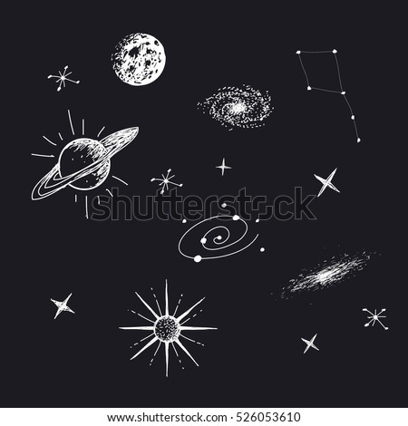 Vector illustration of universe with galaxy,planets,stars,constellation. Hand drawn style .Set of galactic objects