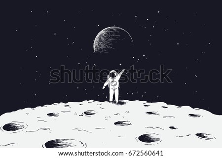 Astronaut stand on surface of Moon and welcomes us.Science theme.Vector illustration