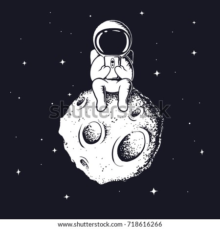 astronaut keeps smartphone.Spaceman sits on Moon and see to mobile phone.Prints vector design.