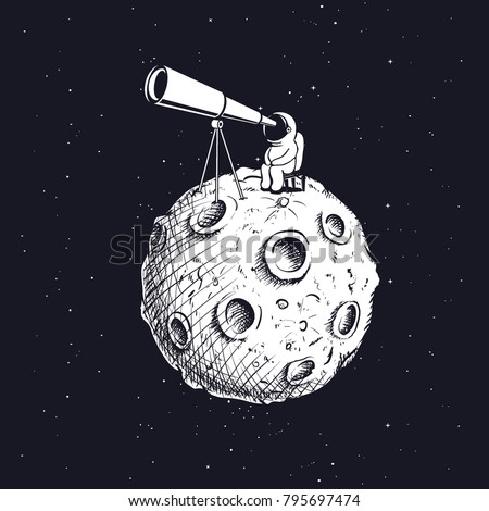 astronaut looks through the telescope to universe on abstract Moon.Hand drawn style.Space vector illustration