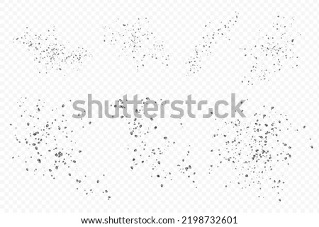 Realistic particles of rocks dust explosion on transparent black background.