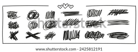 Set of linear handwritten elements for the design of notes, notebooks, collages in the doodle style. Highlighting, strikethrough text