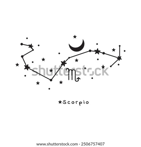 Scorpio zodiac sign, stars, moon on white background, boho vector art