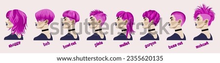 Woman's various hairstyles. Shaggy, bob, bowl cut, pixie, mullet, garcon, buzz cut, mohawk. Vector collection isolated on white background. Pinkcore.