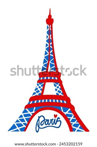 Eiffel tower in colors of french flag. Paris, France. Bright vector isolated illustration with lettering.