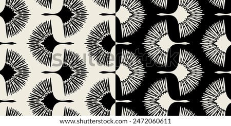 Art deco crane seamless vector patterns. Contrasting black and white colors.