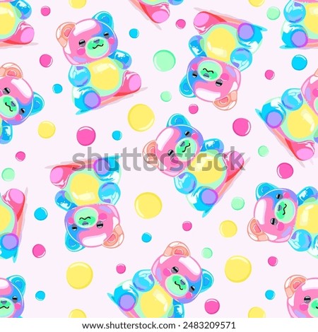 Vector seamless pattern with colorful gummy bears on light pink background.