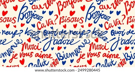 Blue and red french words isolated on white background. French words, that means: hi, thanks, how are you, i love you, kiss you, you are welcome, bye in french. Vector seamless pattern.