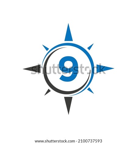 Compass Logo Design On Letter 9 Concept. Letter 9 Compass Adventure Logo Sign Vector Template