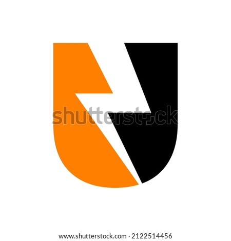 Power Logo U Letter and Lightning Energy Technology. Power U Letter Logo Design With Lighting Thunder Bolt Template Stok fotoğraf © 