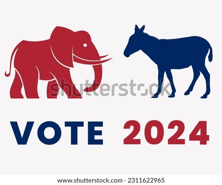 vote 2024. 2024 United States of America Presidential Election. American Election campaign between democrats and republicans. Political parties. Elephant donkey.