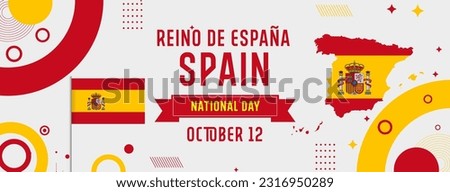 spain banner for national day with abstract modern design. spain flag and map with typograph flag color theme. spain  landmark, and embroidery background.